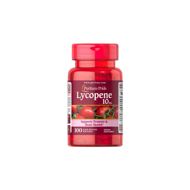A bottle of Puritan's Pride Lycopene 10 mg 100 sgels on a white background.